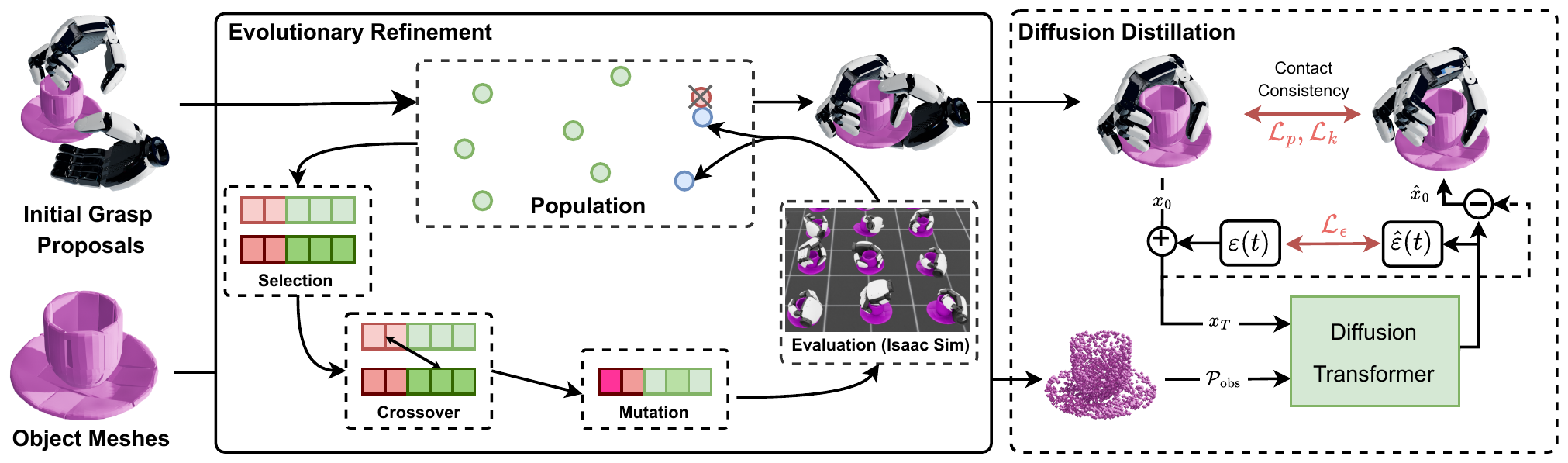 DexEvolve pipeline: analytical seeding, evolutionary refinement in simulation, diffusion distillation
